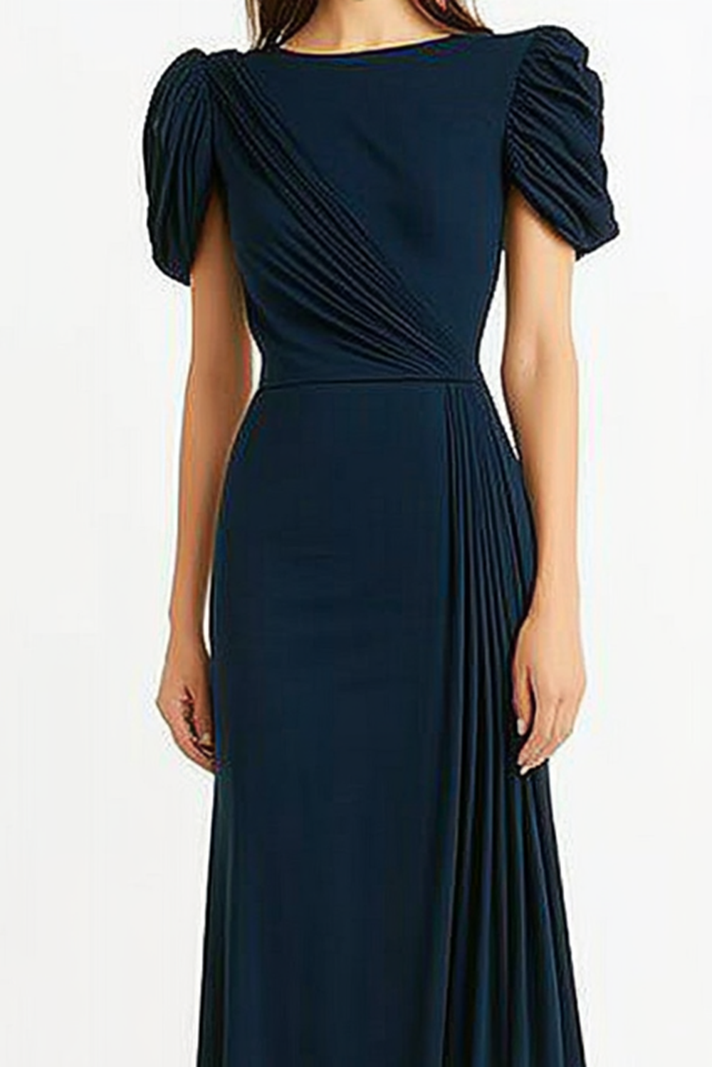 Vintage Navy Blue Crepe Gown Short Puffy Sleeves Pleated Work Dress