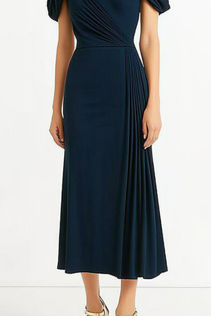 Vintage Navy Blue Crepe Gown Short Puffy Sleeves Pleated Work Dress