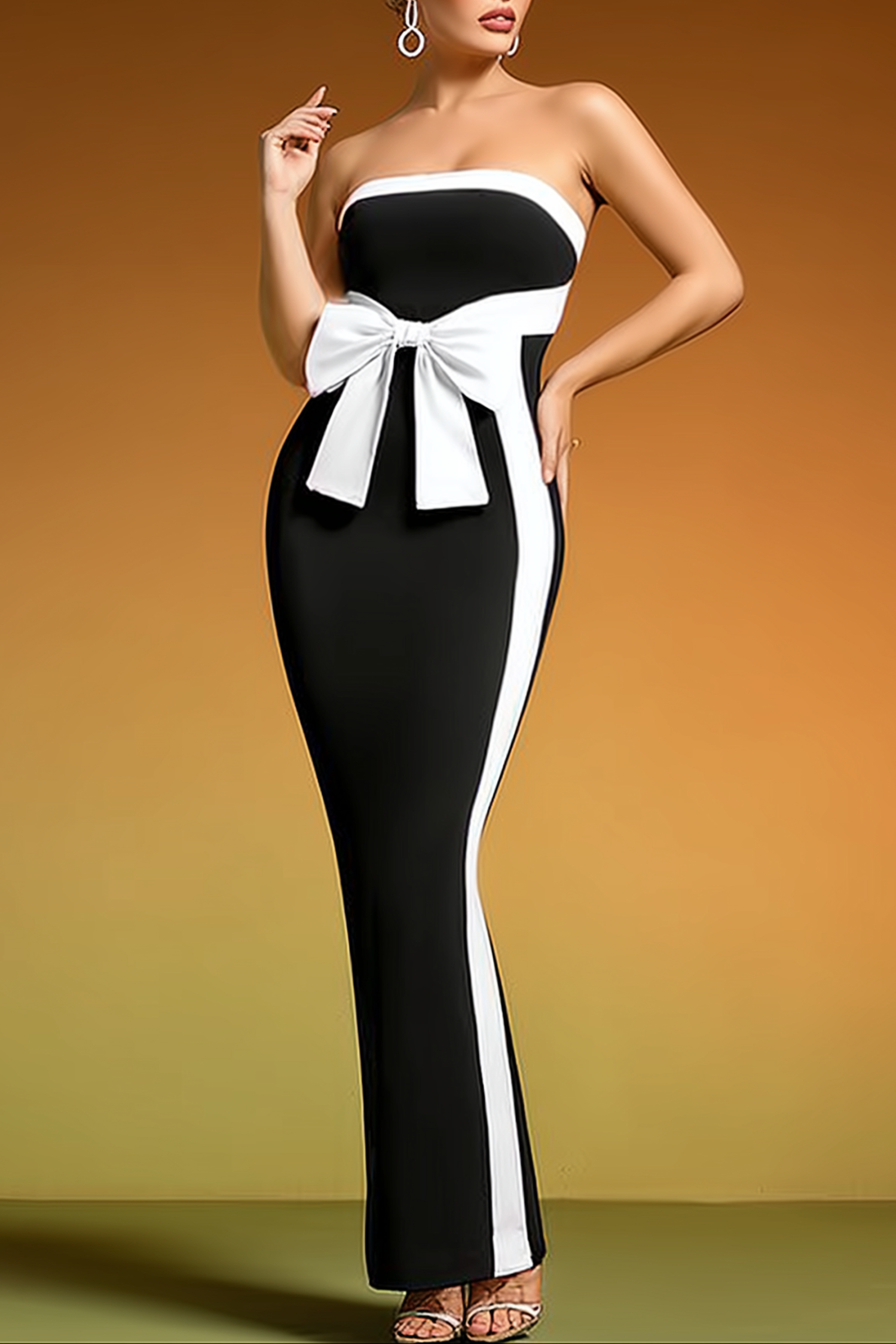 Formal Evening Dress Black White Strapless Bow Maxi Dress