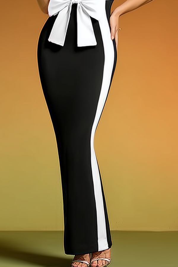 Formal Evening Dress Black White Strapless Bow Maxi Dress