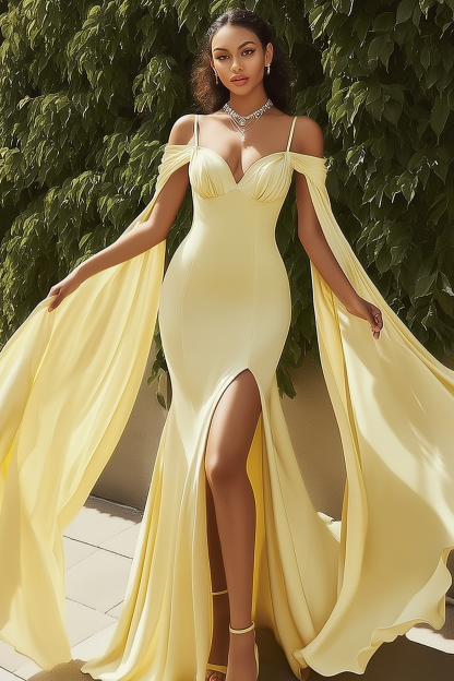 Formal Evening Dress Yellow Spaghetti Strap Maxi Cape Dress