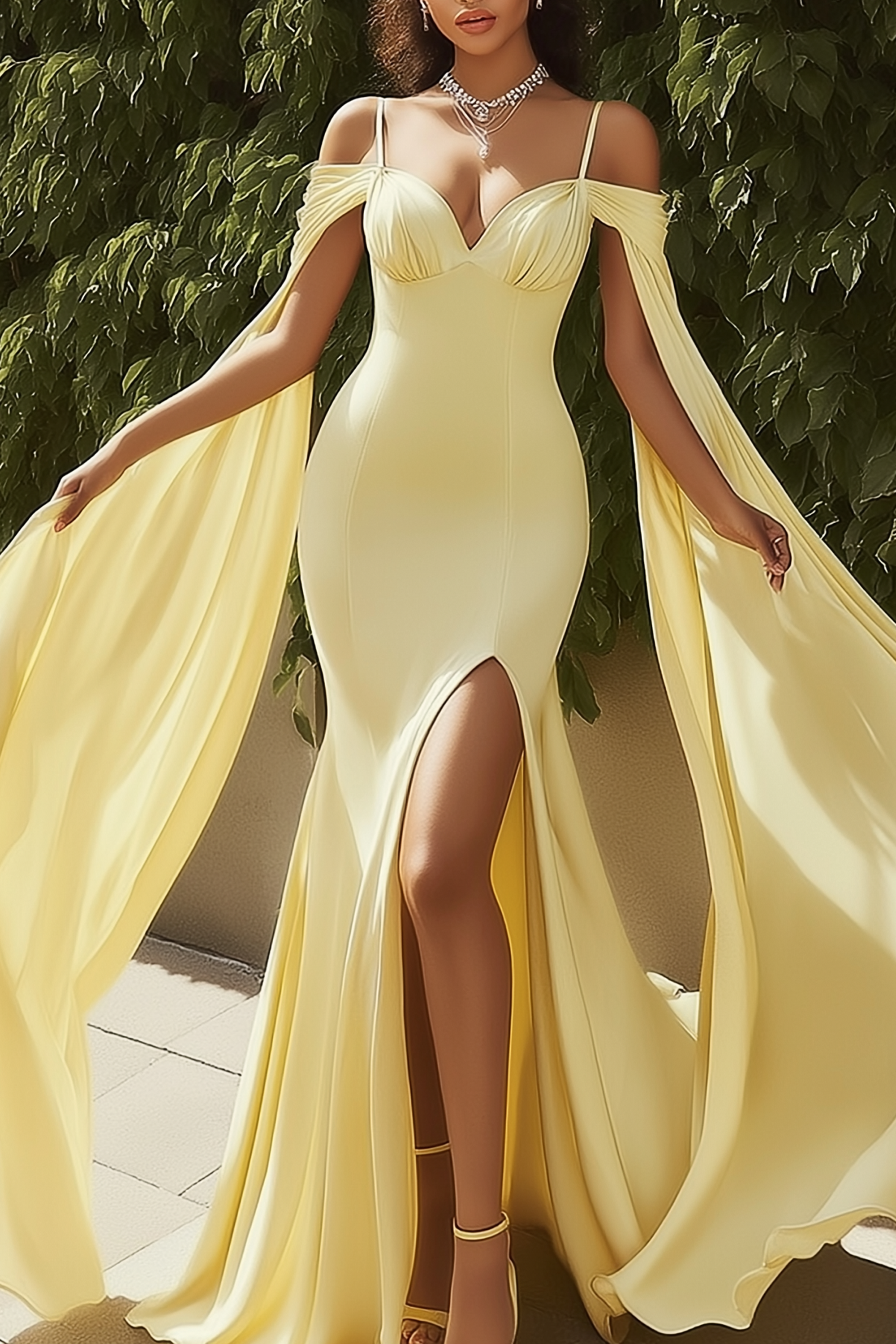 Formal Evening Dress Yellow Spaghetti Strap Maxi Cape Dress