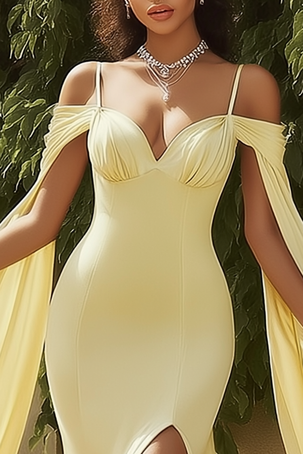 Formal Evening Dress Yellow Spaghetti Strap Maxi Cape Dress