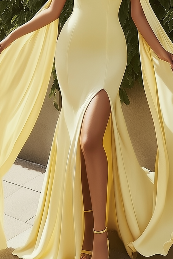 Formal Evening Dress Yellow Spaghetti Strap Maxi Cape Dress