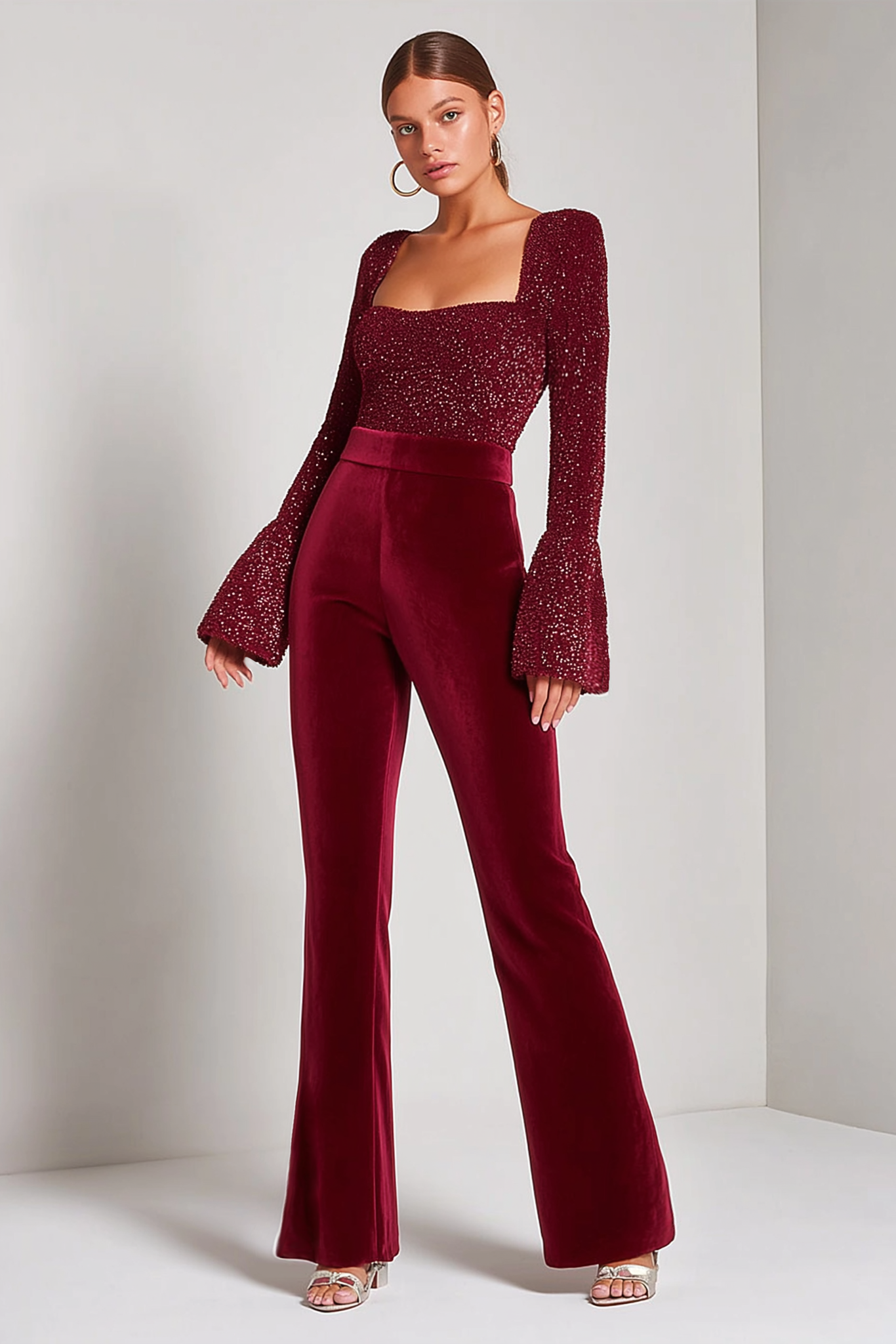 Party Velvet Jumpsuit Square Neck Long Sleeve Burgundy Jumpsuit