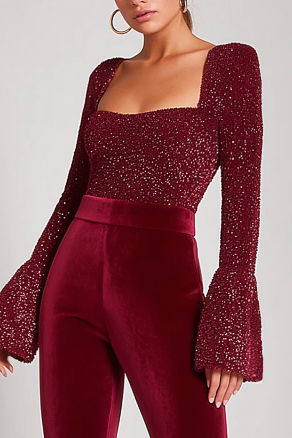 Party Velvet Jumpsuit Square Neck Long Sleeve Burgundy Jumpsuit