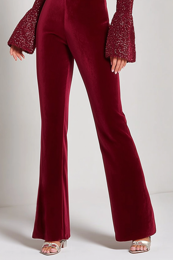 Party Velvet Jumpsuit Square Neck Long Sleeve Burgundy Jumpsuit