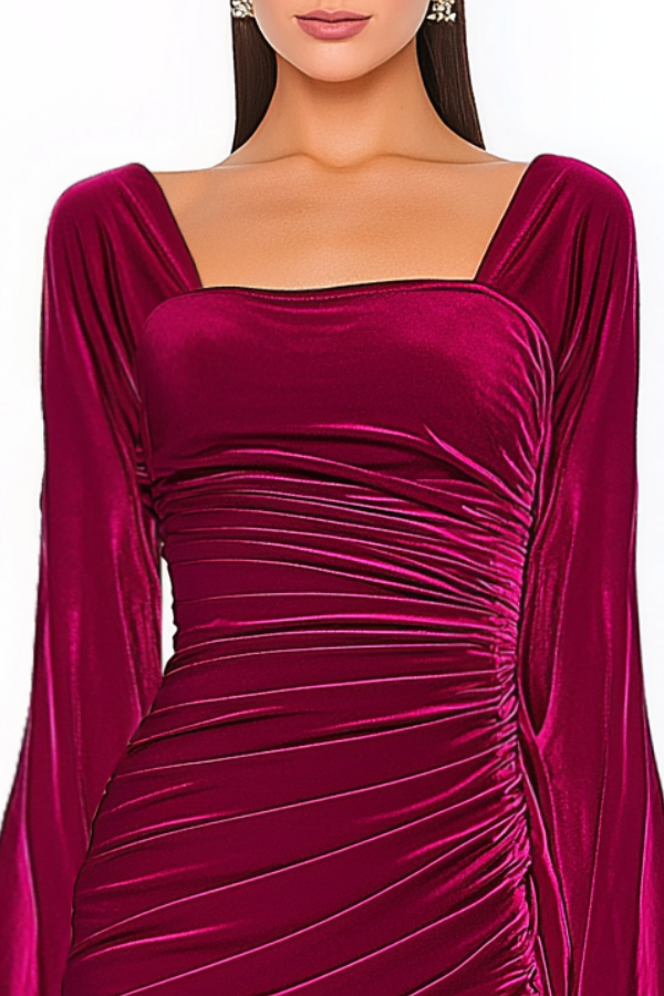 Cocktail Party Dress Fuchsia Square Neck Mini Ruched Velvet Dress