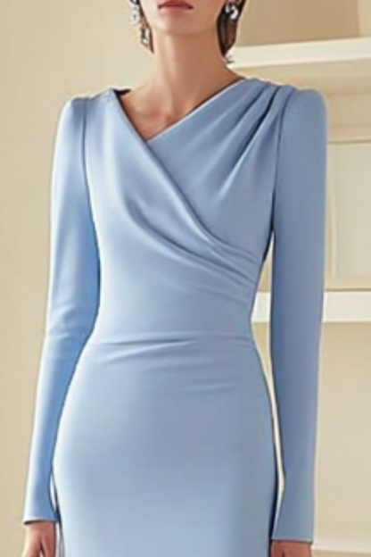 Formal Evening Dress Blue V Neck Long Sleeve Maxi Dress