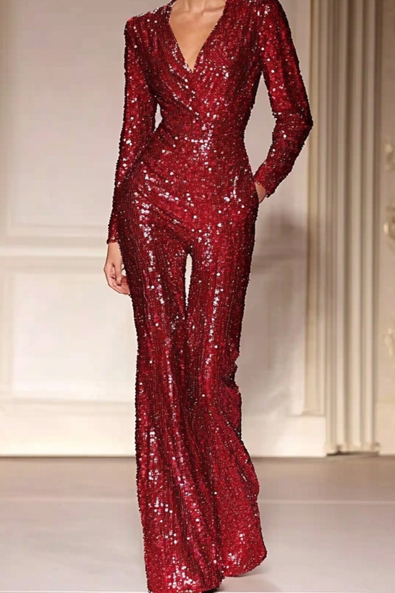 Holiday Work Party Sequin Jumpsuit Long Sleeve Red Jumpsuit
