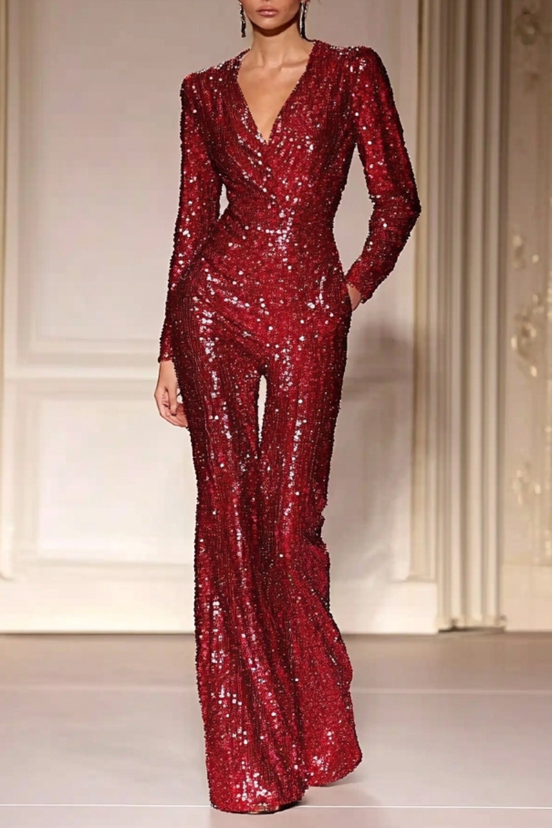 Holiday Christmas Red Sequin Jumpsuit