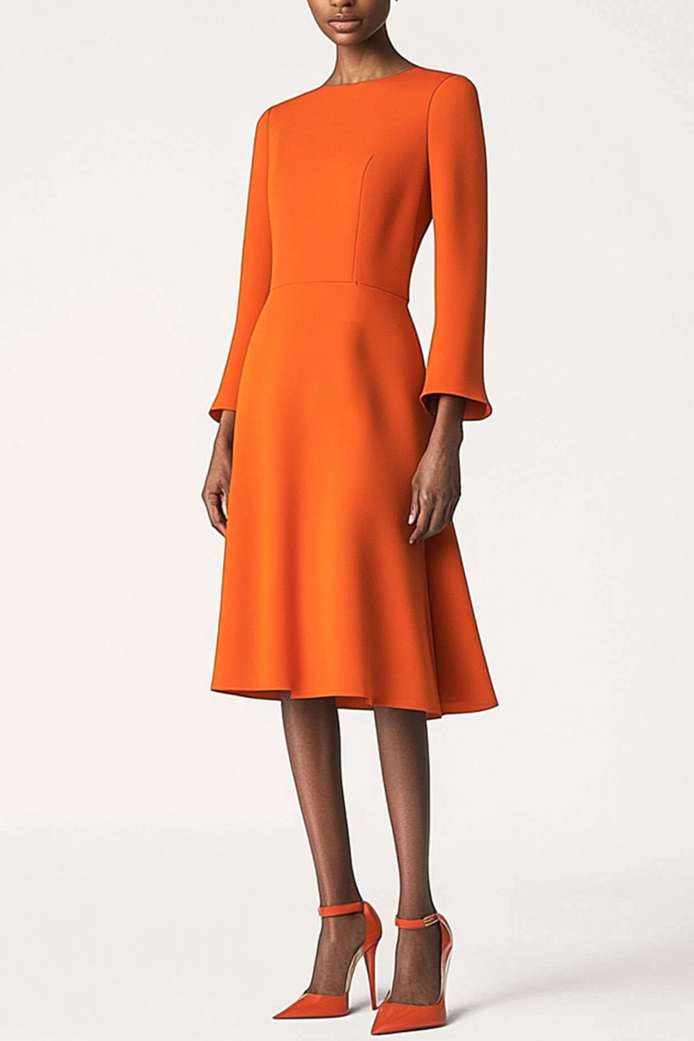 Orange work dress with crew neck and long sleeves