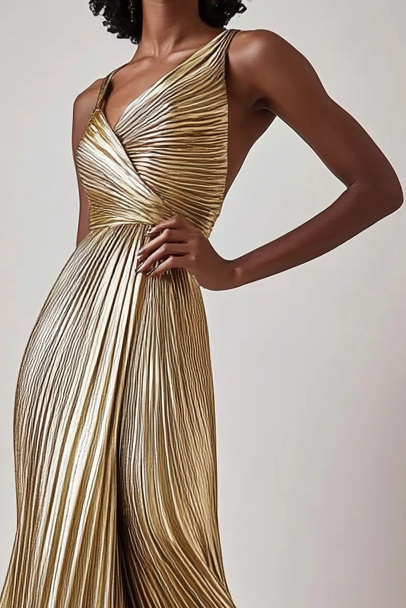 Metallic Satin V Neck Cocktail Ruched Maxi Dress