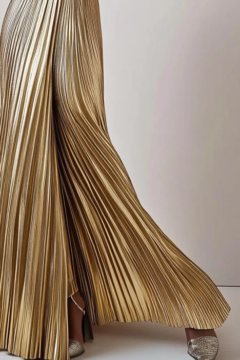 Metallic Satin V Neck Cocktail Ruched Maxi Dress