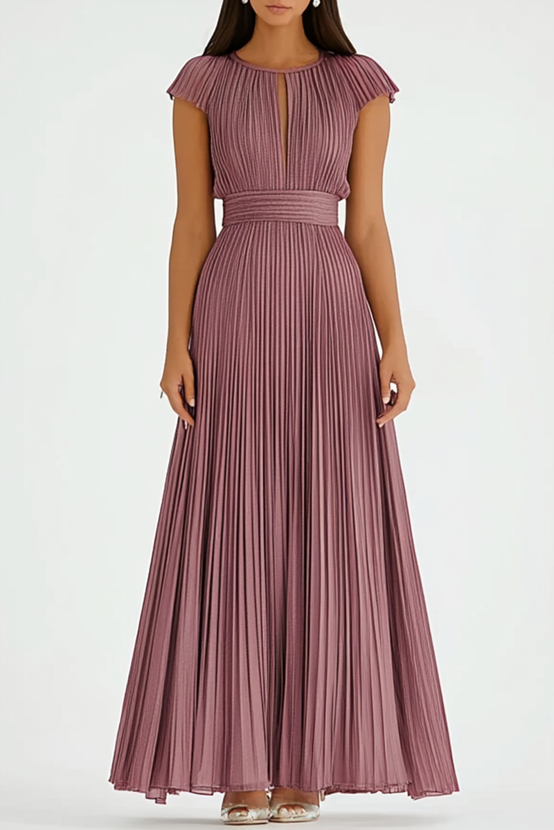 Formal Yacht Dress Floor-Length Pleated Dress Cap Sleeves Cut-Out Dres