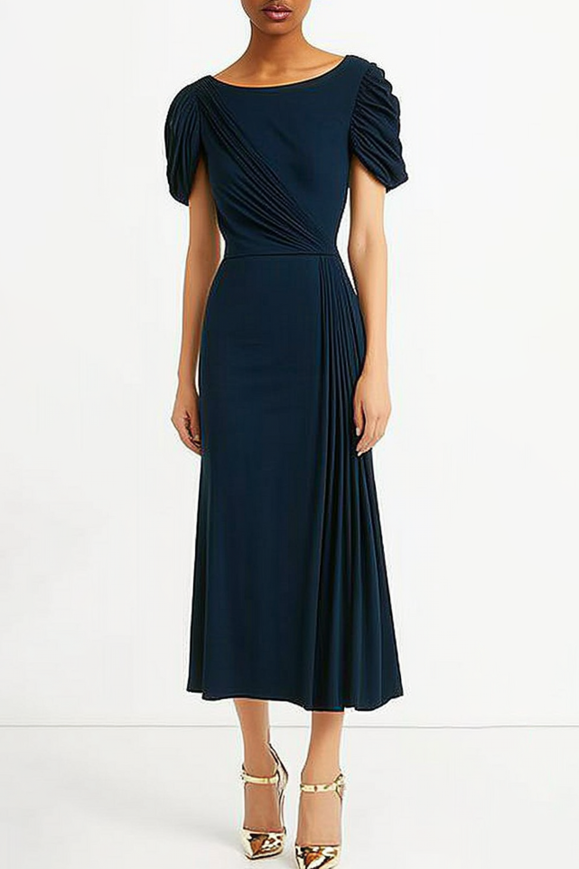Vintage Navy Blue Crepe Gown Short Puffy Sleeves Pleated Work Dress