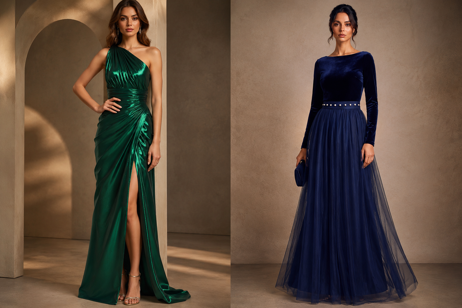 Satin and velvet dresses for elegant autumn occasions.