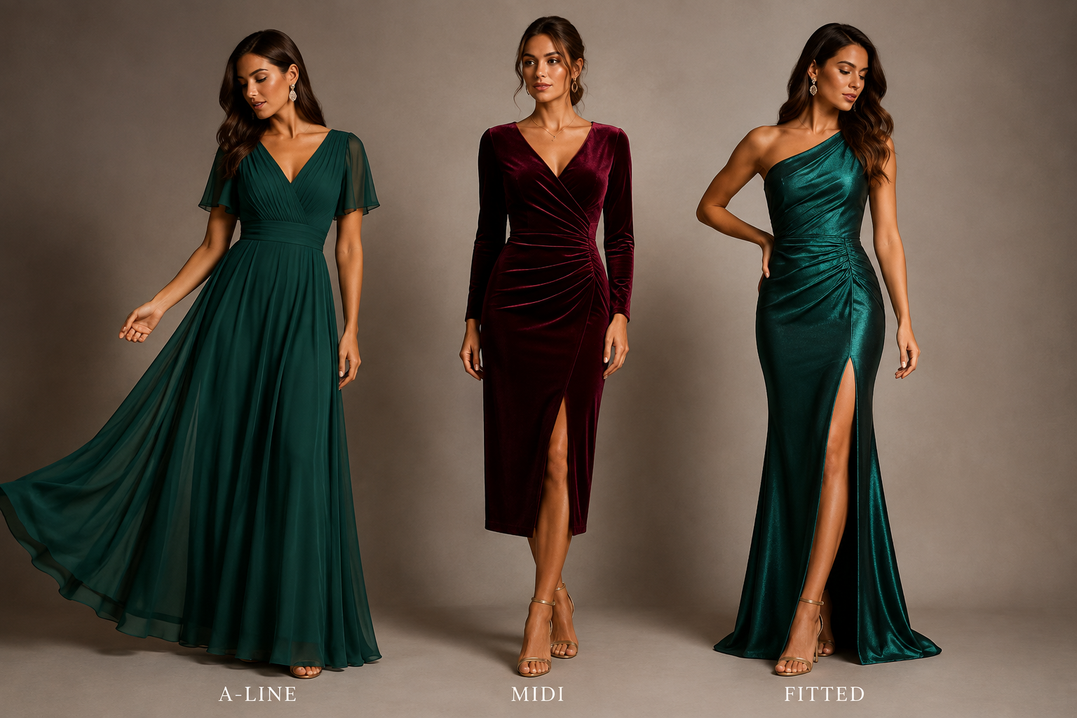 A-line, midi and fitted dress silhouettes for autumn occasions.