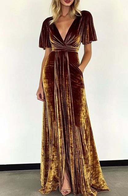 Formal Party Business Work Velvet V Neck Ruffle Maxi Dress
