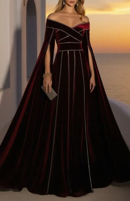 Formal Burgundy Velvet Dress Off The Shoulder Long Sleeve Maxi Gown