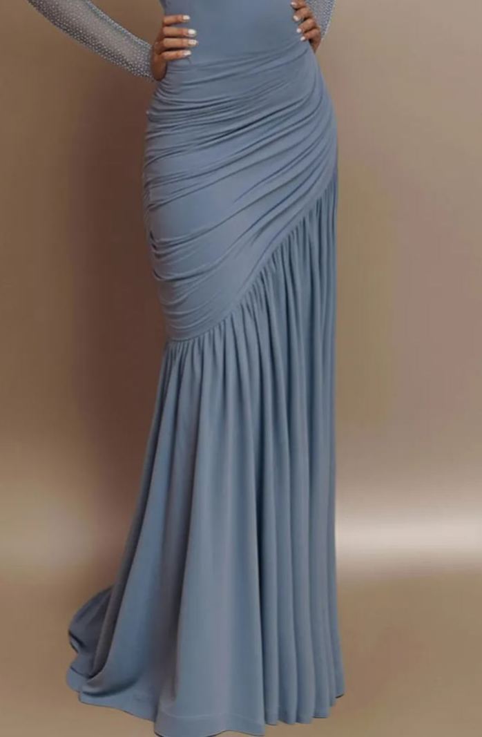 Evening Prom Gown Off The Shoulder Glitter Ruched Light Blue Maxi Dress
