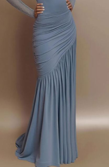 Evening Prom Gown Off The Shoulder Glitter Ruched Light Blue Maxi Dress