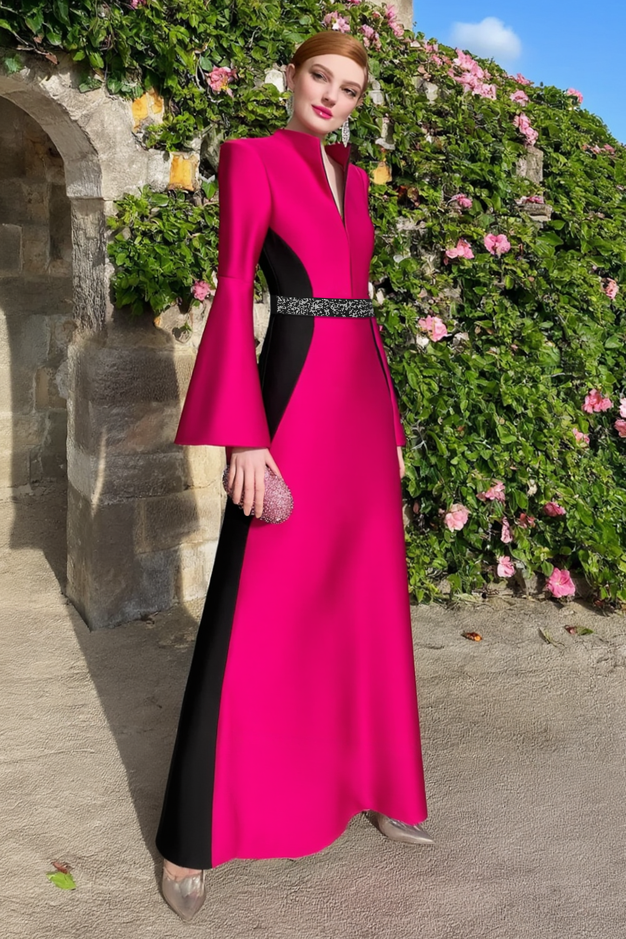 Formal Evening Dress Rose V Neck Long Sleeve Maxi Dress