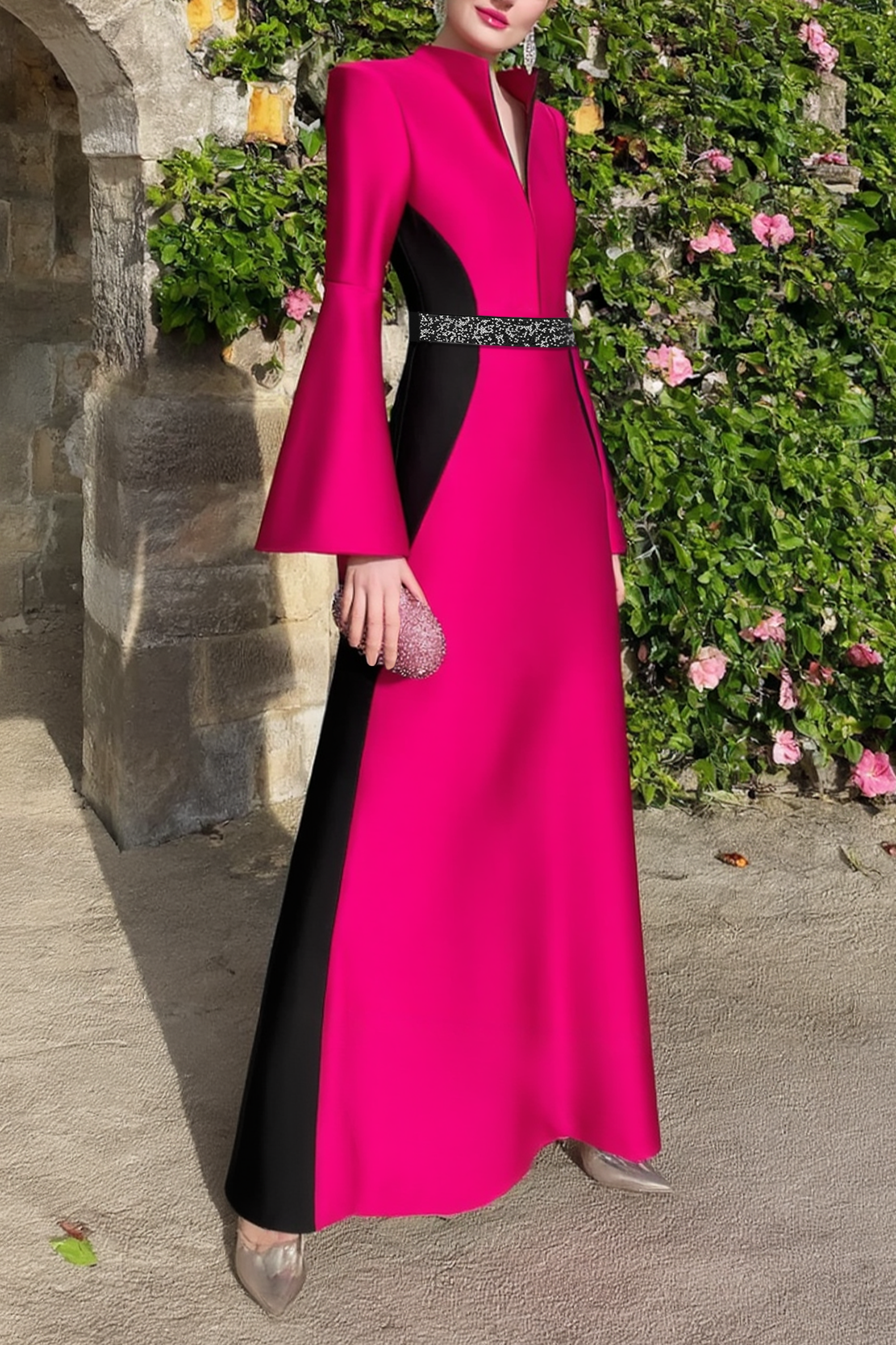 Formal Evening Dress Rose V Neck Long Sleeve Maxi Dress