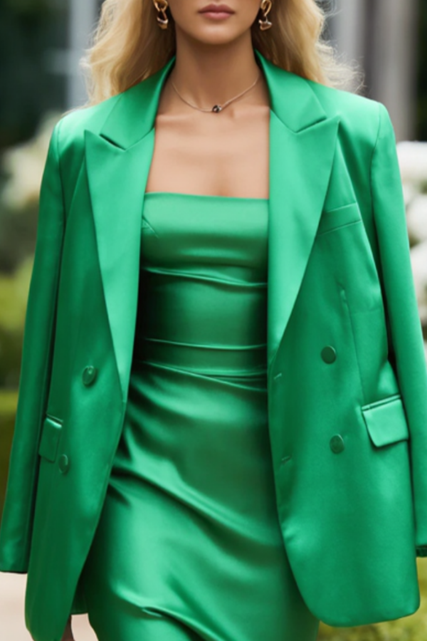 Work Blazer Suit Sets Dress Green Lapel Satin Midi Dress