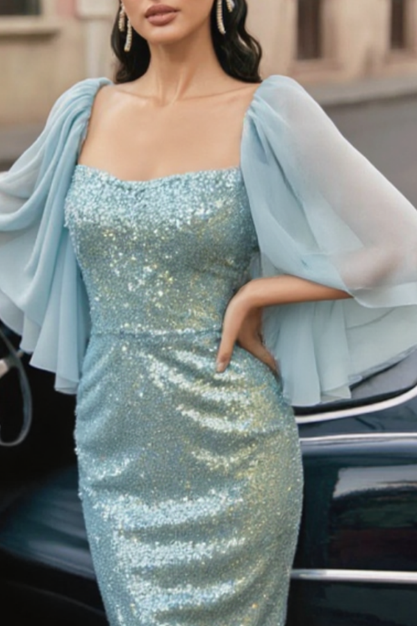 Cocktail Party Dress Blue Square Neck Sequin Knee-Length Dress