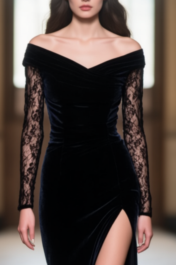 Formal Evening Dress Black Off Shoulder Velvet Lace Maxi Dress