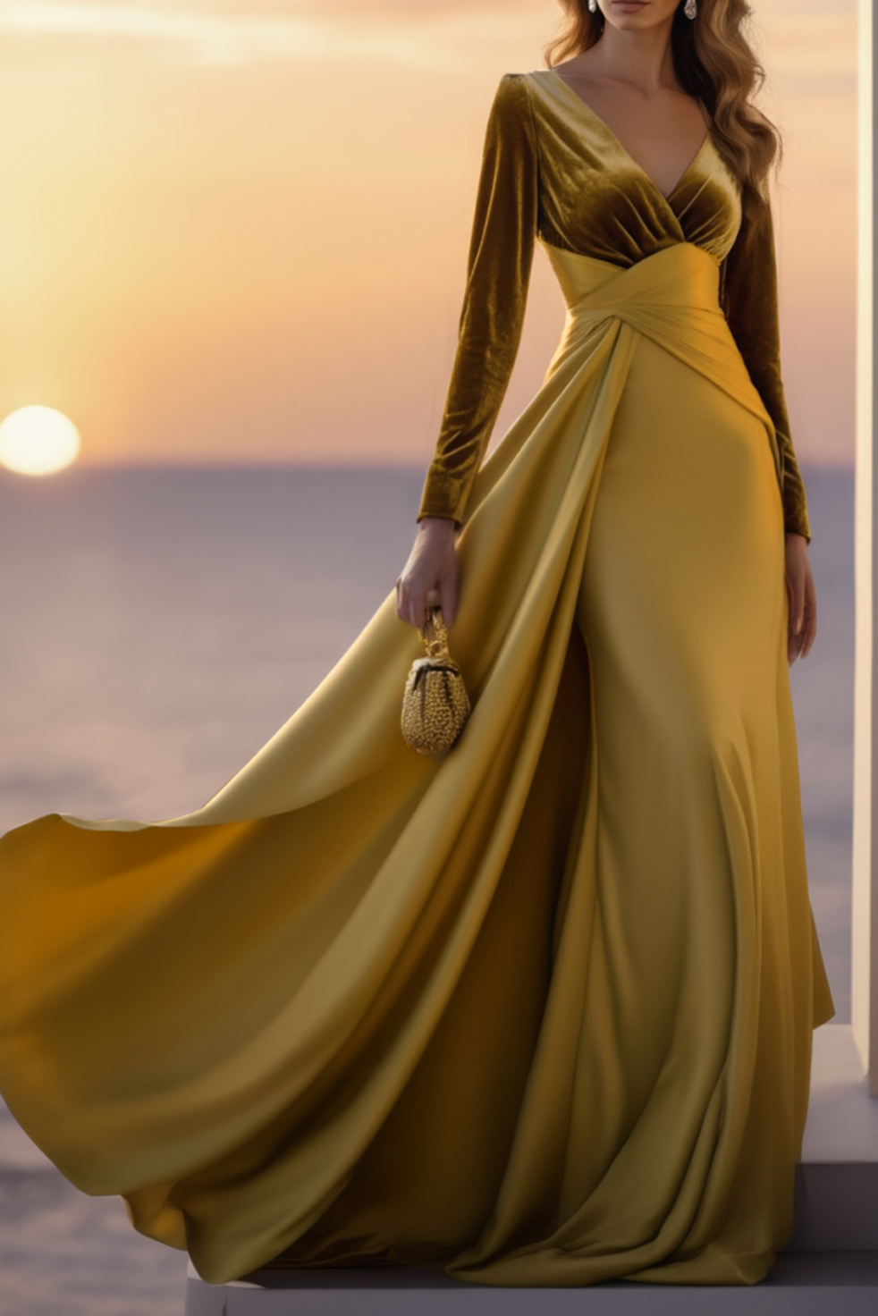 Formal ​Evening Dress Golden V Neck With Train Maxi Velvet Dress