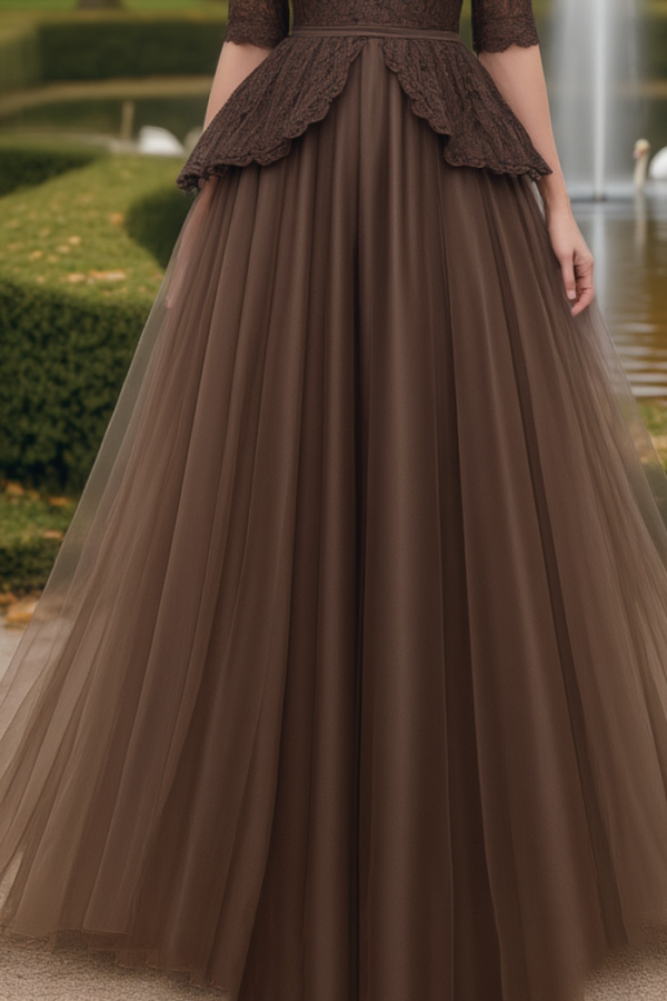 Mother of th Bride Dress Brown V Neck Maxi Lace Dress