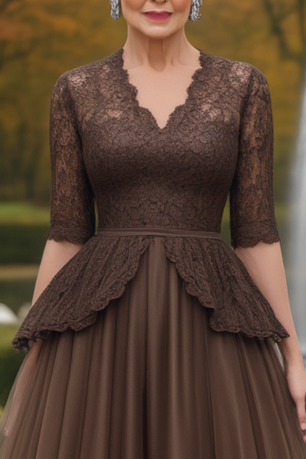 Mother of th Bride Dress Brown V Neck Maxi Lace Dress