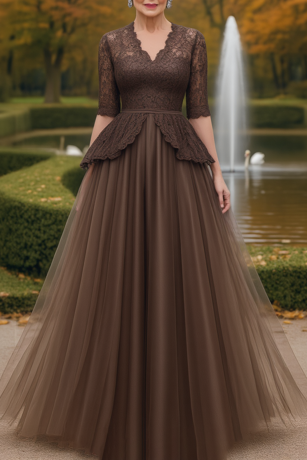 Mother of th Bride Dress Brown V Neck Maxi Lace Dress