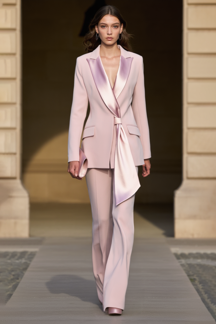 Business Blazer Suit Sets Pink Lapel Long Sleeve Pants Set
