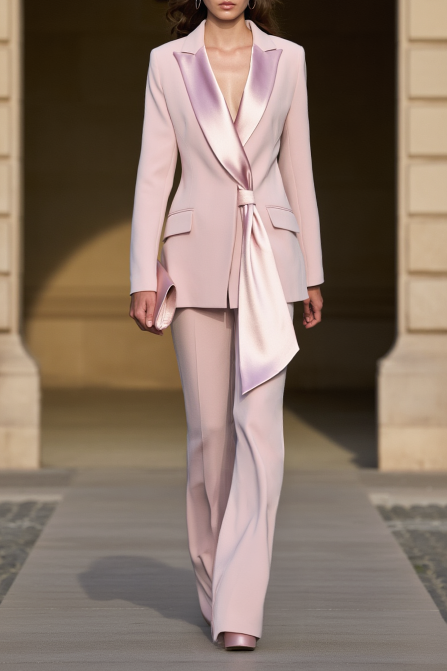 Business Blazer Suit Sets Pink Lapel Long Sleeve Pants Set