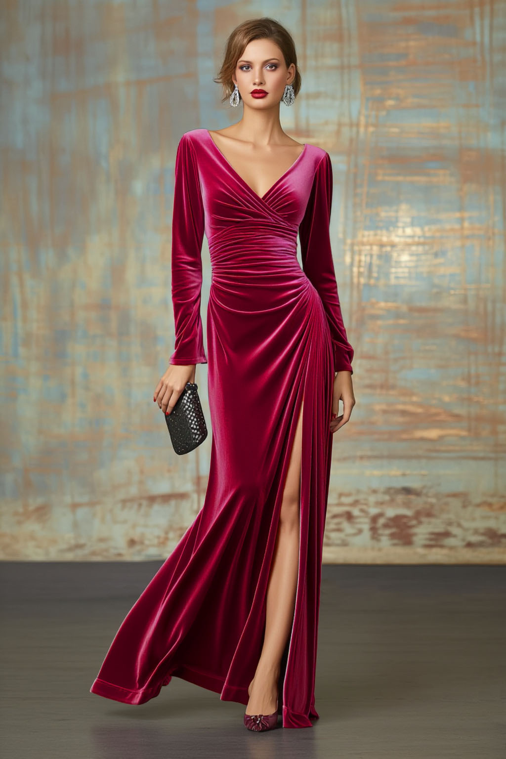 Fall Wedding Guest Dress Velvet Fuchsia V Neck Maxi Dress