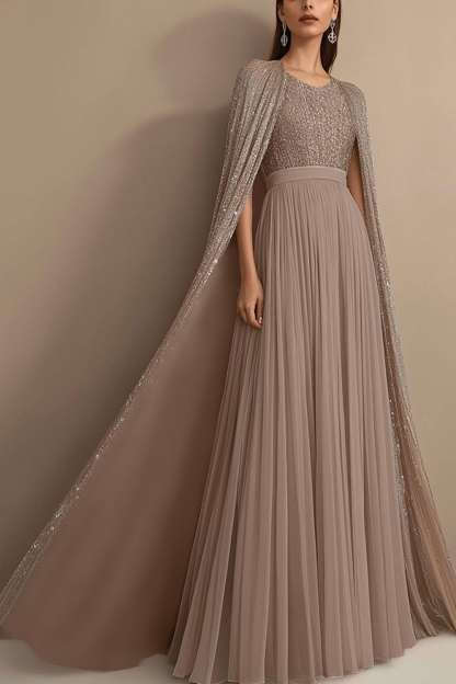 Luxe Evening Sequin Dress Tulle Grey Pink Cape Floor-Length Dress