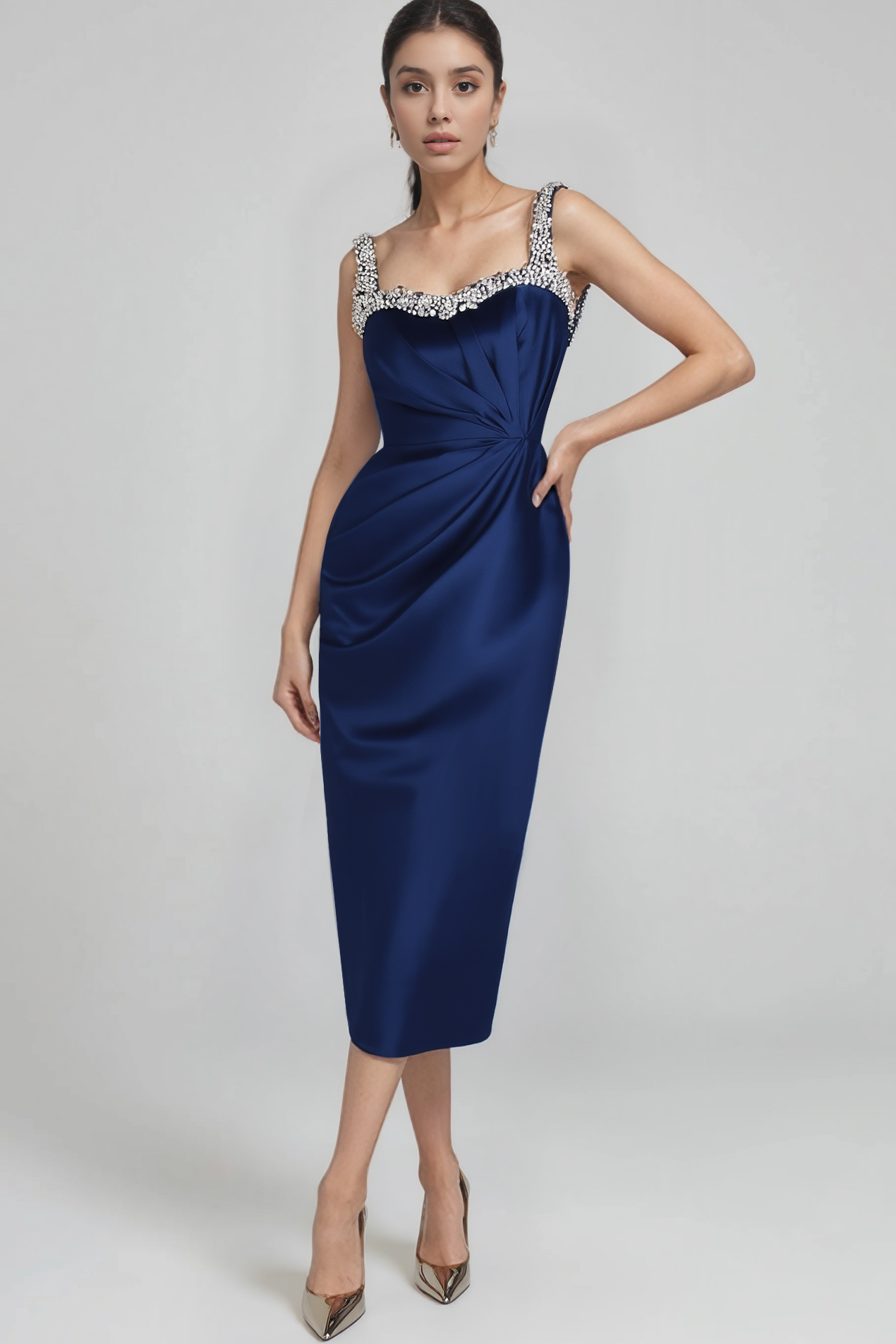Cocktail Party Satin Dress Dark Blue V Neck Hand-Beaded Knee-Length Dress