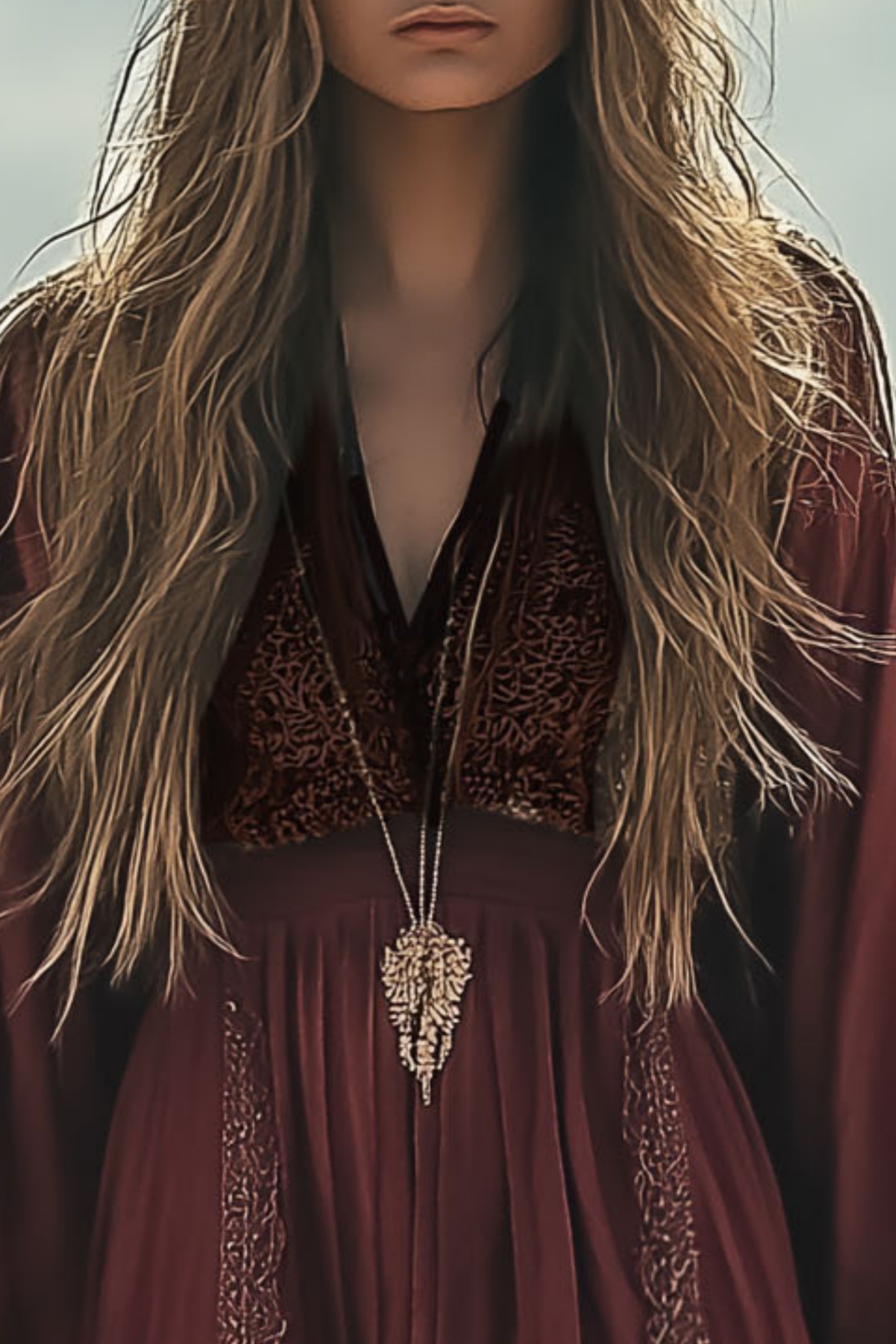 Bohemian Vacation Dress Burgundy Lace Long Sleeve Maxi Dress