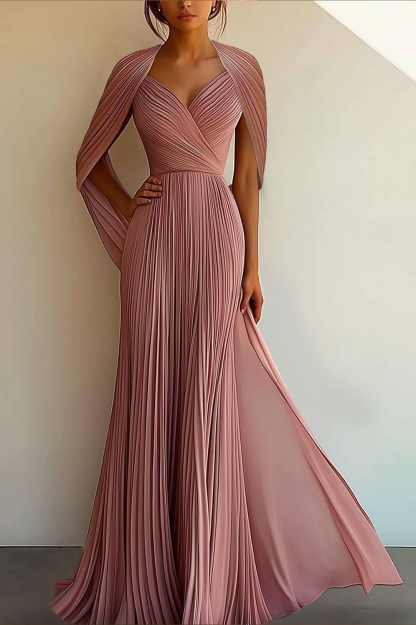 Party Prom Dress Pleated Cross V-neck Cape Sleeve Floor-length Gown