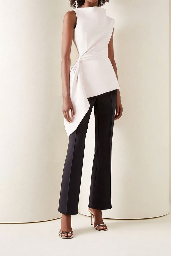 Work Outfit Sets Black White Crew Neck Pants Set