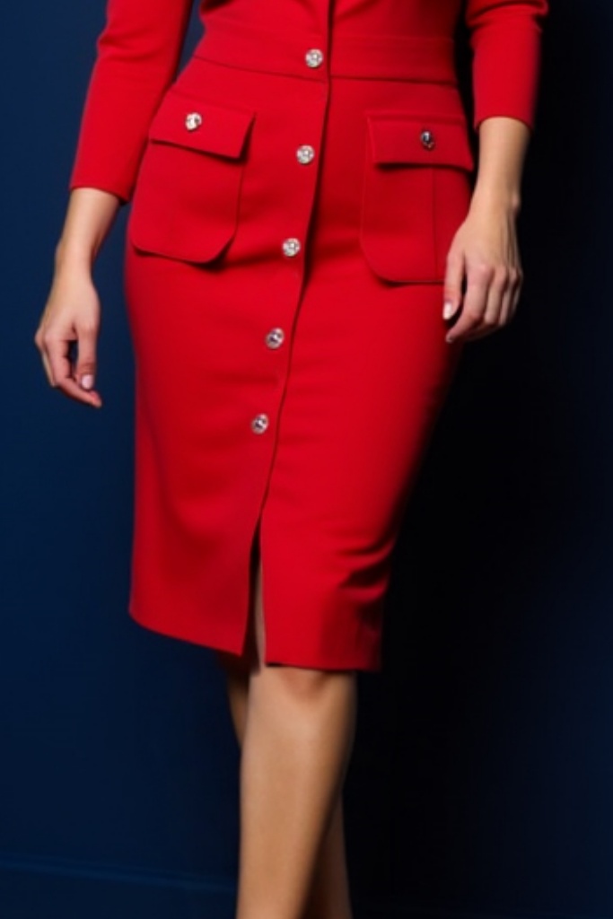 Work Dress​ Red Crew Neck Buttons Knee Dress