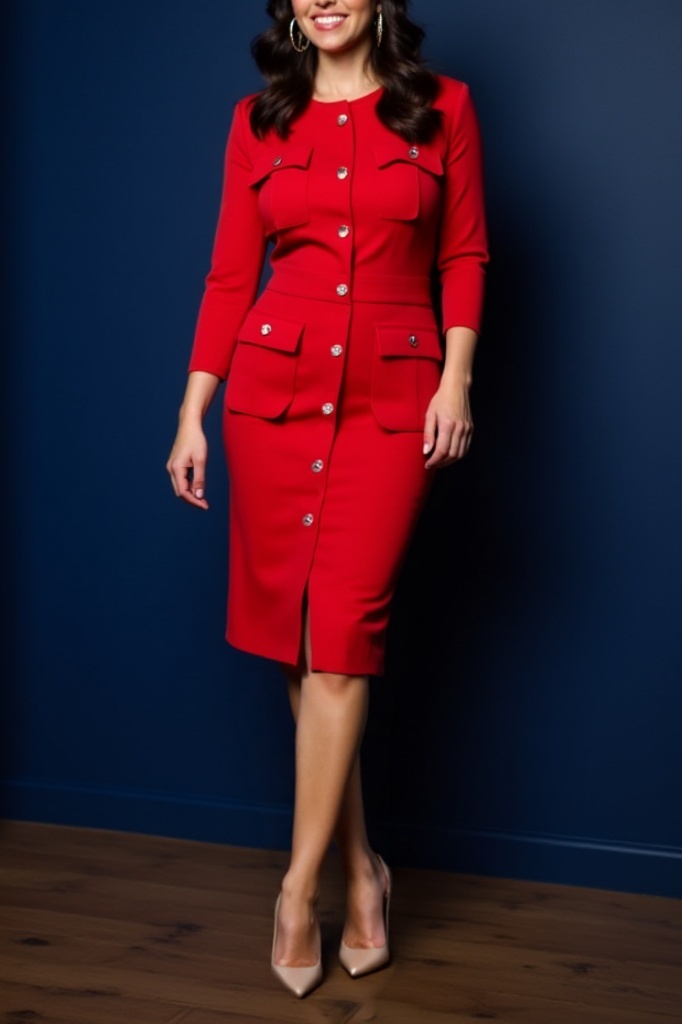 Work Dress Pink Lapel Double Breasted Knee Dress