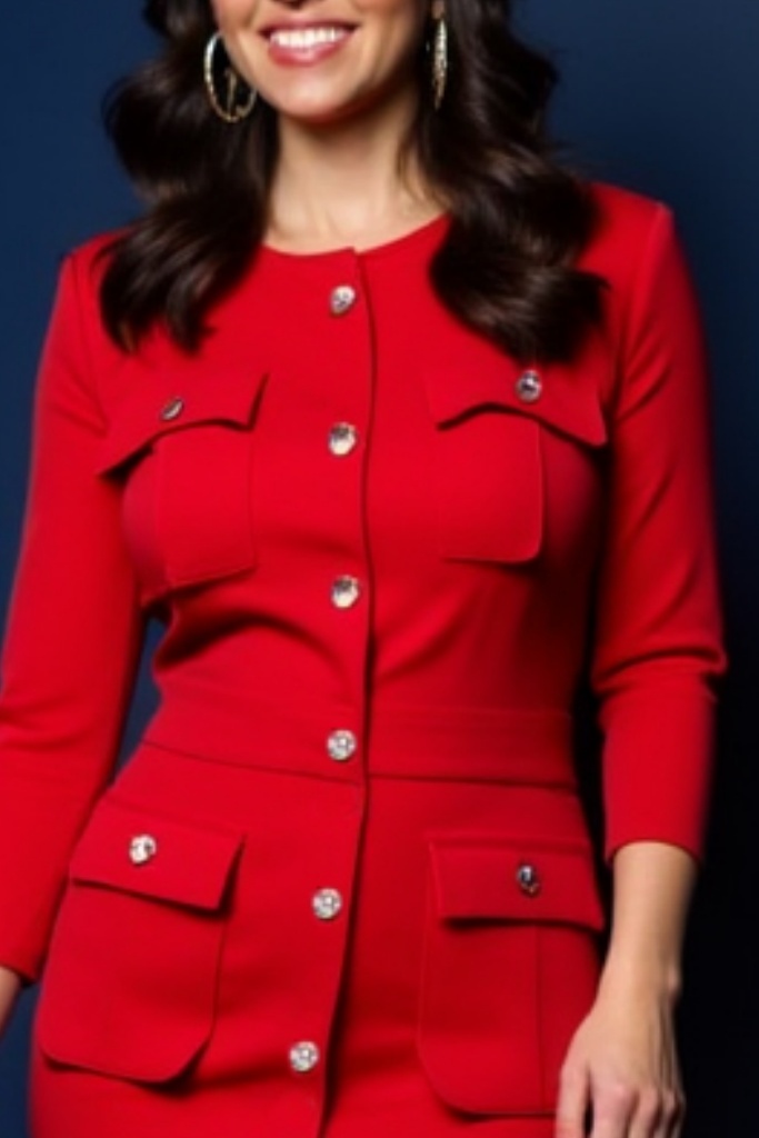 Work Dress Red Crew Neck Buttons Knee Dress