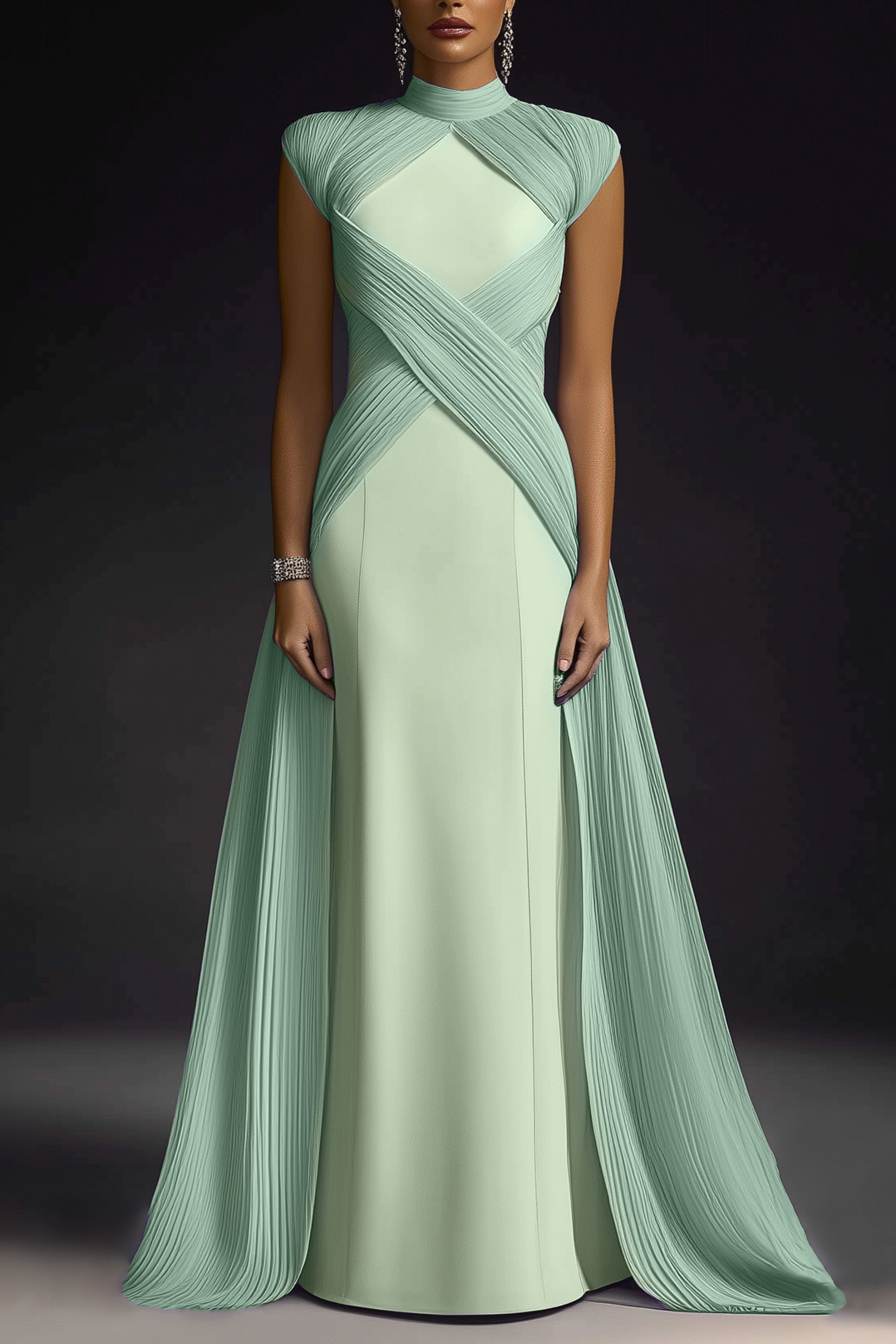 Formal Evening Dress Purple Stand Collar Pleated Train Maxi Gown