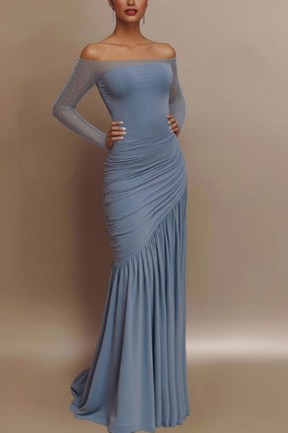Evening Prom Gown Off The Shoulder Glitter Ruched Light Blue Maxi Dress