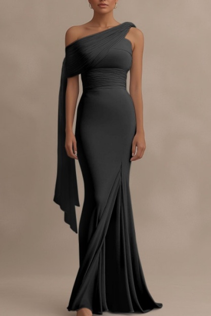 Formal Evening Dress Light Blue One Shoulder Draped Slit Floor Dress