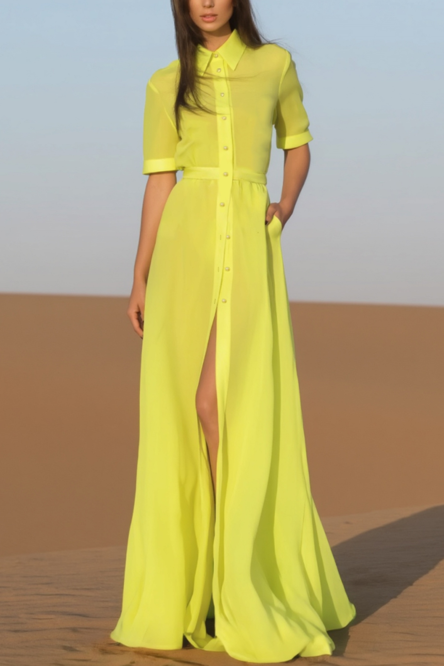 Semi-Formal Shirt Dress Yellow Lapel with Pockets Floor-Length Dress